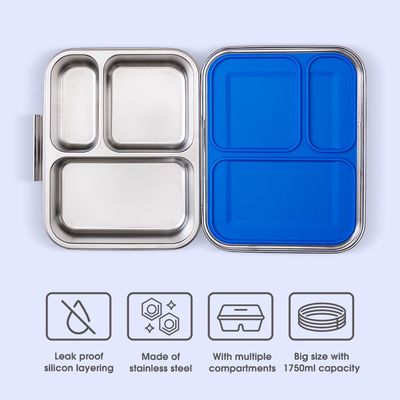 Eazy Kids 3 Compartment Bento Steel Lunch Box - Blue