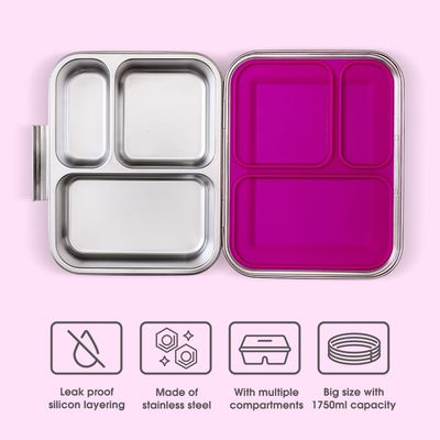 Eazy Kids 3 Compartment Bento Steel Lunch Box - Pink