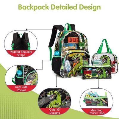 Eazy Kids 17Inch Set of 3 School Bag with Lunch Bag and Pencil Case Dinosaur - Black