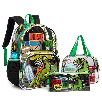 Eazy Kids 17Inch Set of 3 School Bag with Lunch Bag and Pencil Case Dinosaur - Black