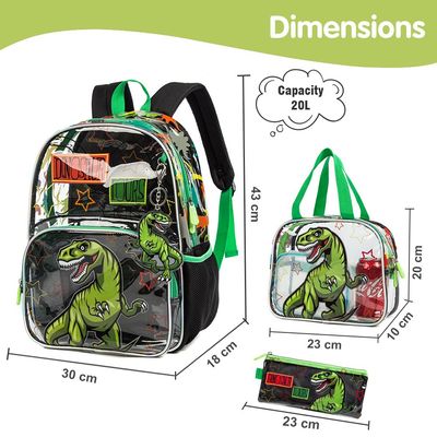 Eazy Kids 17Inch Set of 3 School Bag with Lunch Bag and Pencil Case Dinosaur - Black