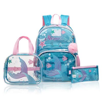 Eazy Kids 17Inch Set of 3 School Bag with Lunch Bag and Pencil Case Mermaid-Blue