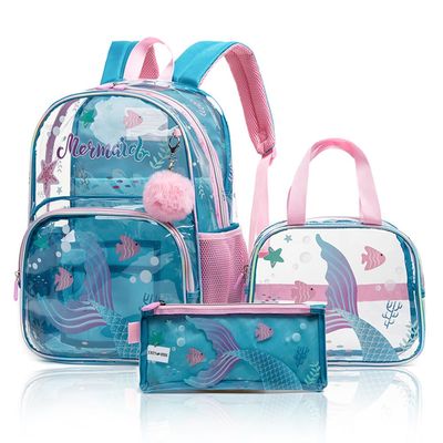 Eazy Kids 17Inch Set of 3 School Bag with Lunch Bag and Pencil Case Mermaid-Blue