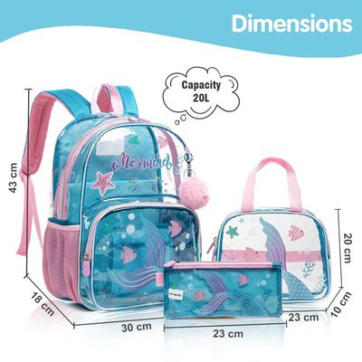 Eazy Kids 17Inch Set of 3 School Bag with Lunch Bag and Pencil Case Mermaid-Blue