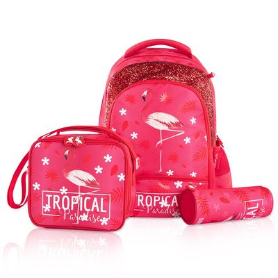 Eazy Kids 17Inch Set of 3 School Bag with Lunch Bag and Pencil Case Tropical - Pink