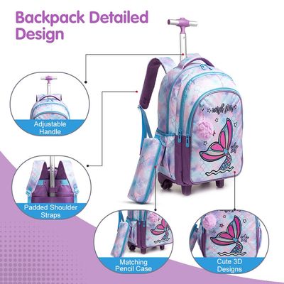 Eazy Kids 18Inch Set of 3 Trolley School Bag with Lunch Bag and Pencil Case Mermaid - Purple