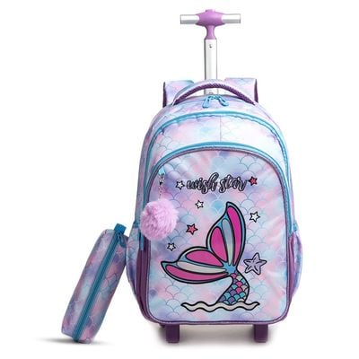 Eazy Kids 18Inch Set of 3 Trolley School Bag with Lunch Bag and Pencil Case Mermaid - Purple