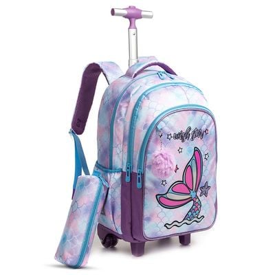 Eazy Kids 18Inch Set of 3 Trolley School Bag with Lunch Bag and Pencil Case Mermaid - Purple