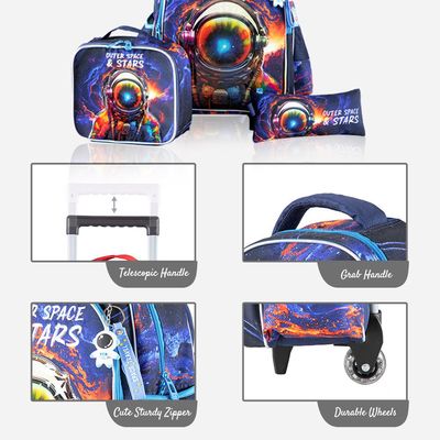 Eazy Kids 16Inch Set of 3 Trolley School Bag with Lunch Bag and Pencil Case Outer Space - Blue