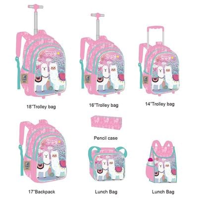 Eazy Kids 16Inch Set of 3 Trolley School Bag with Lunch Bag and Pencil Case Lama - Pink