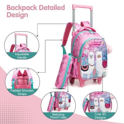 Eazy Kids 16Inch Set of 3 Trolley School Bag with Lunch Bag and Pencil Case Lama - Pink