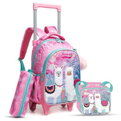 Eazy Kids 16Inch Set of 3 Trolley School Bag with Lunch Bag and Pencil Case Lama - Pink