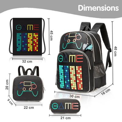 Eazy Kids 17Inch Set of 4 School Bag with Lunch Bag, Activity Bag and Pencil Case Gen Z Gamer - Black