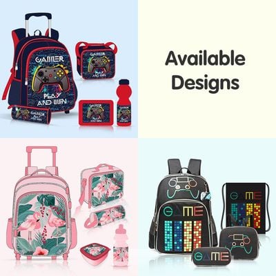 Eazy Kids 17Inch Set of 4 School Bag with Lunch Bag, Activity Bag and Pencil Case Gen Z Gamer - Black