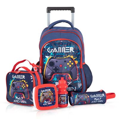 Eazy Kids 17Inch Set of 5 Trolley School Bag with Lunch Bag, Pencil Case, Lunch Box and Water Bottle - Gamer - Blue