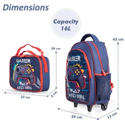 Eazy Kids 17Inch Set of 5 Trolley School Bag with Lunch Bag, Pencil Case, Lunch Box and Water Bottle - Gamer - Blue