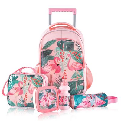 Eazy Kids 17Inch Set of 5 Trolley School Bag with Lunch Bag, Pencil Case, Lunch Box and Water Bottle Tropical - Pink