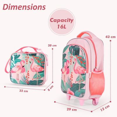 Eazy Kids 17Inch Set of 5 Trolley School Bag with Lunch Bag, Pencil Case, Lunch Box and Water Bottle Tropical - Pink