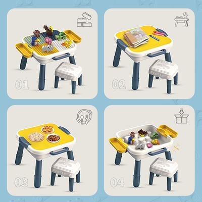 Little Story 4 In 1 Block Activity Table With Stool and Blocks - Blue