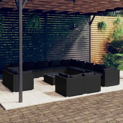 vidaXL 14 Piece Garden Lounge Set with Cushions Black Poly Rattan