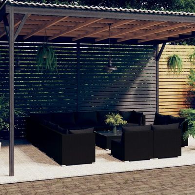 vidaXL 14 Piece Garden Lounge Set with Cushions Black Poly Rattan