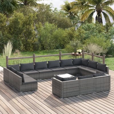 vidaXL 14 Piece Garden Lounge Set with Cushions Grey Poly Rattan