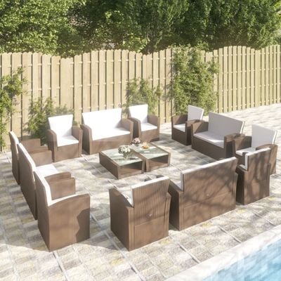 vidaXL 16 Piece Garden Lounge Set with Cushions Poly Rattan Brown