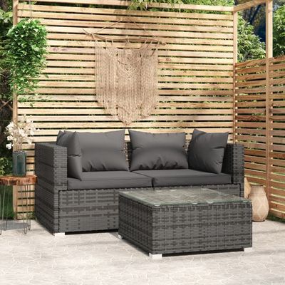 vidaXL 3 Piece Garden Lounge Set with Cushions Grey Poly Rattan