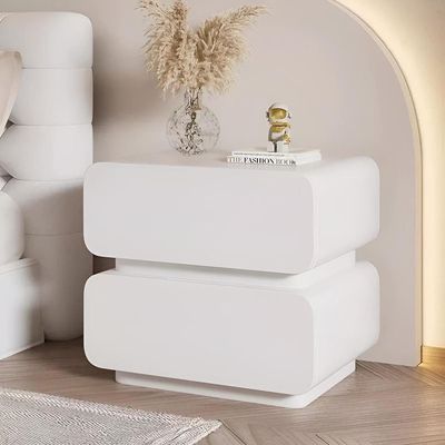 Nightstand Bedside Table Bedroom Storage Cabinet, Bed Side Table with 2 Drawers Wooden White Night Stand Upholstered in Leather for Bedroom Home Furniture - white