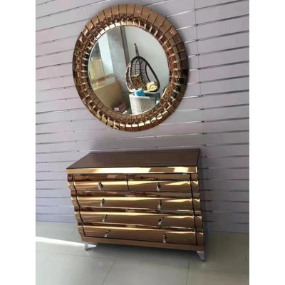 Antique Chest of Drawers Mirrored Glass with Round Matching Mirror- Bronze Gold