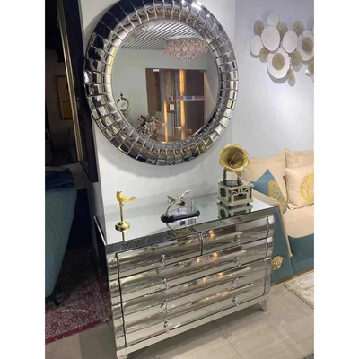 Antique Chest of Drawers Mirrored Glass with Round Matching Mirror- Silver