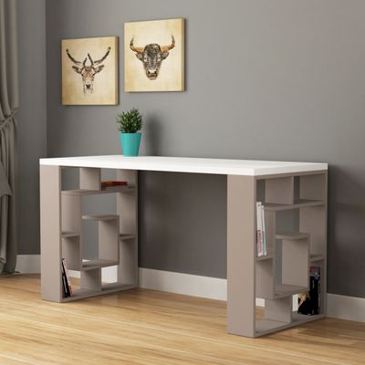 Mourah Labirent Working Table With Storage - White/Light Mocha - 2 Years Warranty