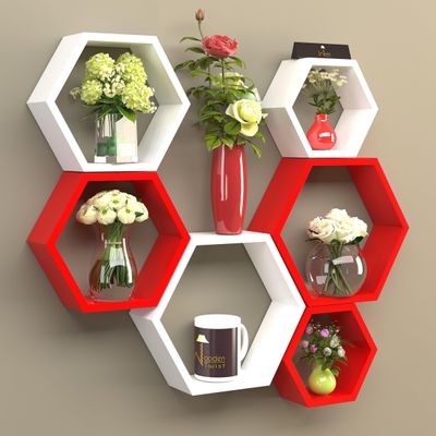 Hexagonal Shape Wooden Floating Wall Shelves (Set of 6)