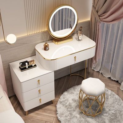 Maple Home Vanity Dressing Table Flip Mirror Make up Smart Touch 3 Mode Lighted LED Mirror Wood Storage Drawers cabinet Modern Marble  Bedroom Furniture (Without Chair)