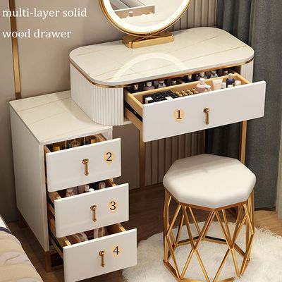 Maple Home Vanity Dressing Table Flip Mirror Make up Smart Touch 3 Mode Lighted LED Mirror Wood Storage Drawers cabinet Modern Marble  Bedroom Furniture (Without Chair)