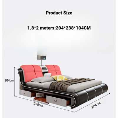 Smart Bed King Size Provided with Projector Massage Bluetooth Speaker Storage Drawers Safe Air Purifier Clock Display - Orange