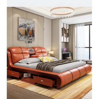 Smart Bed King Size Provided with Projector Massage Bluetooth Speaker Storage Drawers Safe Air Purifier Clock Display - Orange