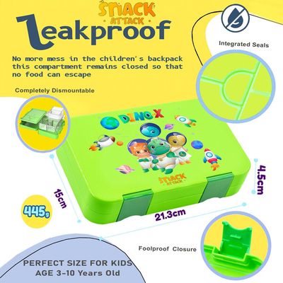 Snack Attack Bento Box or Lunch Box for Kids 4 & 6 Convertible Compartments | Portion Lunch Box | Food Graded Materials BPA FREE & LEAK PROOF| Made of Triton (Dino X Green)