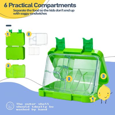 Snack Attack Bento Box or Lunch Box for Kids 4 & 6 Convertible Compartments | Portion Lunch Box | Food Graded Materials BPA FREE & LEAK PROOF| Made of Triton (Dino X Green)