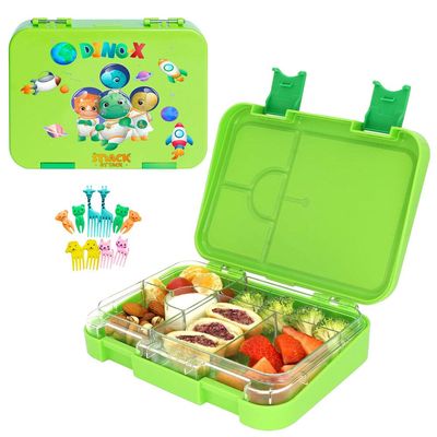 Snack Attack Bento Box or Lunch Box for Kids 4 & 6 Convertible Compartments | Portion Lunch Box | Food Graded Materials BPA FREE & LEAK PROOF| Made of Triton (Dino X Green)