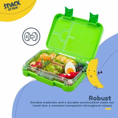 Snack Attack Bento Box or Lunch Box for Kids 4 & 6 Convertible Compartments | Portion Lunch Box | Food Graded Materials BPA FREE & LEAK PROOF| Made of Triton (Dino X Green)