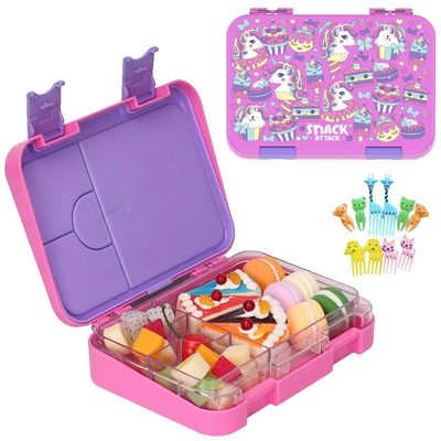 Snack Attack Bento Box or Lunch Box for Kids 4 & 6 Convertible Compartments | Portion Lunch Box | Food Graded Materials BPA FREE & LEAK PROOF| Made of Triton(Neptune Blue) (Pink Unicorn Solo)