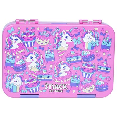 Snack Attack Bento Box or Lunch Box for Kids 4 & 6 Convertible Compartments | Portion Lunch Box | Food Graded Materials BPA FREE & LEAK PROOF| Made of Triton(Neptune Blue) (Pink Unicorn Solo)