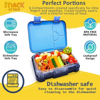 Snack Attack Lunch Box for kids School Gray & Red, Bento Lunch Box l 4/6 Convertible Compartments | BPA FREE & LEAK PROOF| (Blue Portofino)