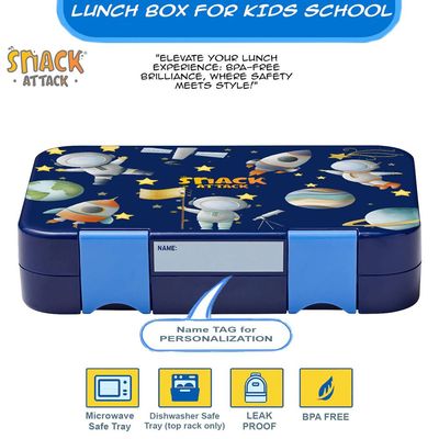 Snack Attack Lunch Box for kids School Gray & Red, Bento Lunch Box l 4/6 Convertible Compartments | BPA FREE & LEAK PROOF| (Blue Portofino)
