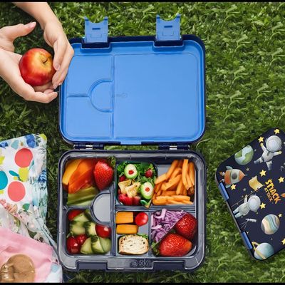 Snack Attack Lunch Box for kids School Gray & Red, Bento Lunch Box l 4/6 Convertible Compartments | BPA FREE & LEAK PROOF| (Blue Portofino)