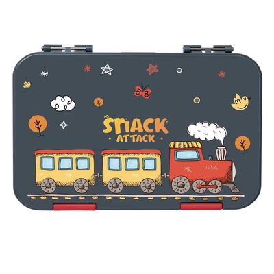 Snack Attack Lunch Box for kids School Gray & Red, Bento Lunch Box l 4/6 Convertible Compartments | BPA FREE & LEAK PROOF| (Gray & Red Train)