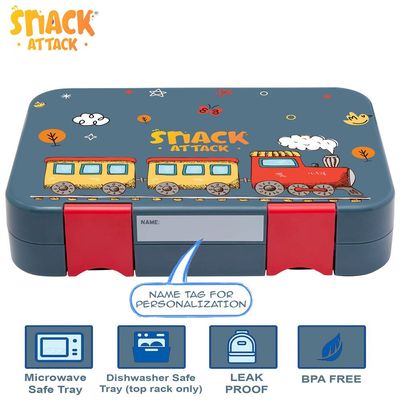 Snack Attack Lunch Box for kids School Gray & Red, Bento Lunch Box l 4/6 Convertible Compartments | BPA FREE & LEAK PROOF| (Gray & Red Train)