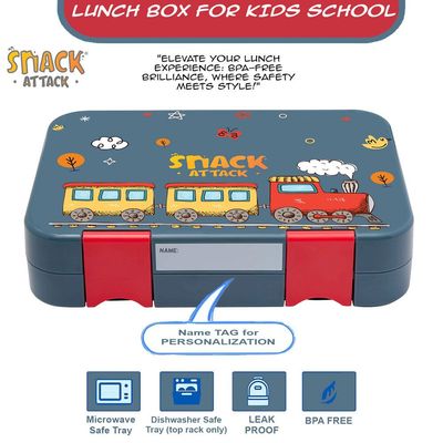 Snack Attack Lunch Box for kids School Gray & Red, Bento Lunch Box l 4/6 Convertible Compartments | BPA FREE & LEAK PROOF| (Gray & Red Train)