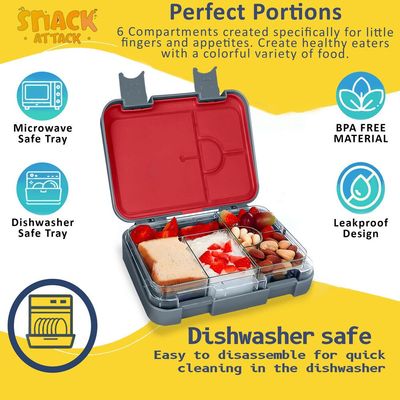 Snack Attack Lunch Box for kids School Gray & Red, Bento Lunch Box l 4/6 Convertible Compartments | BPA FREE & LEAK PROOF| (Gray & Red Train)